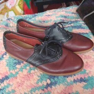 Vintage Wimzees Leather Burgundy And Black Saddle Shoes, Sz 7M